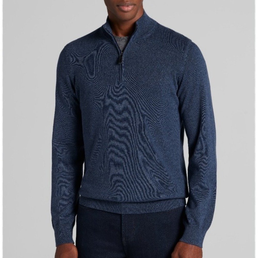 Jos A Bank Sweater Mens Med Blue Merino Wool 1/4‎ Zip Pullover Traveler